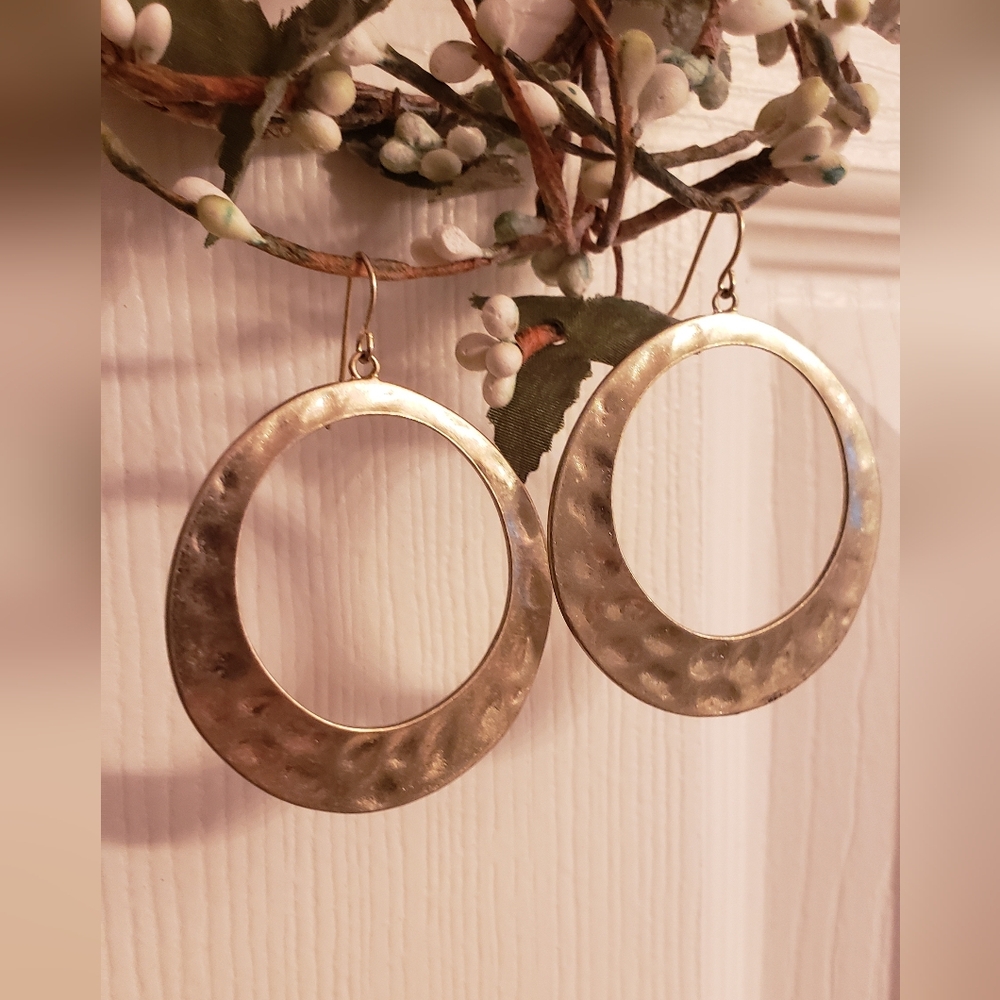 Large Hoop Earrings W/ French Wires, Hammered Metal, 2", Gold Tone